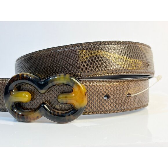 Rare Escada 90’s Brown Gold Leather Belt Tortoise Buckle Size L US 32 main image 8